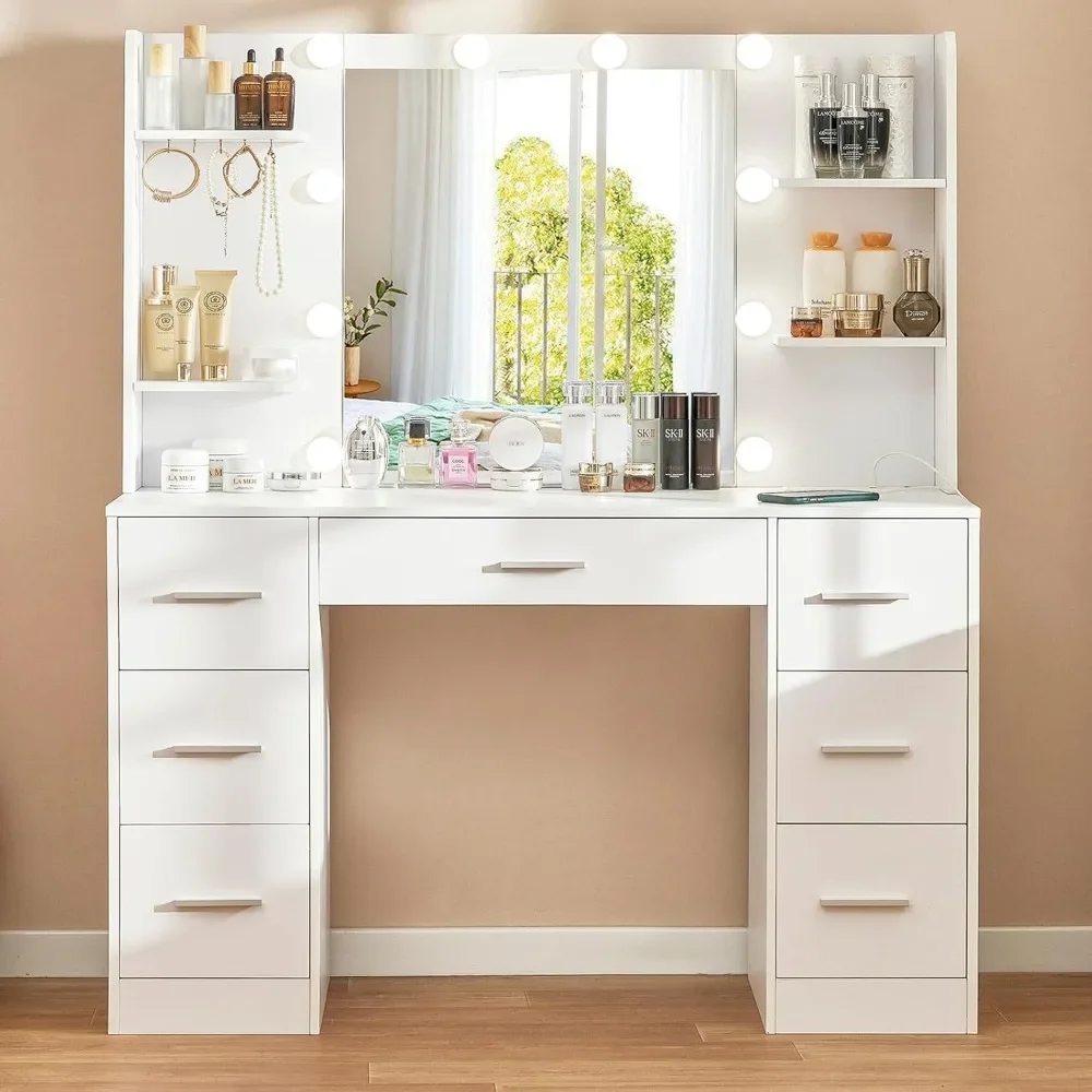 

Large Vanity Desk with LED Lighted Mirror, Power Outlet, 7 Drawers, 4 Shelves, 5 Hooks for Bedroom, Bathroom