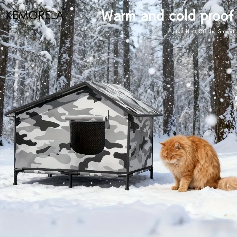 

KEMORELA Современный камуфляжный уличный кошачий домик с подставкой — ветрозащитный зимний закрытый укрытие, четырехсезонный кондоминированный холодный кот, простая сборка