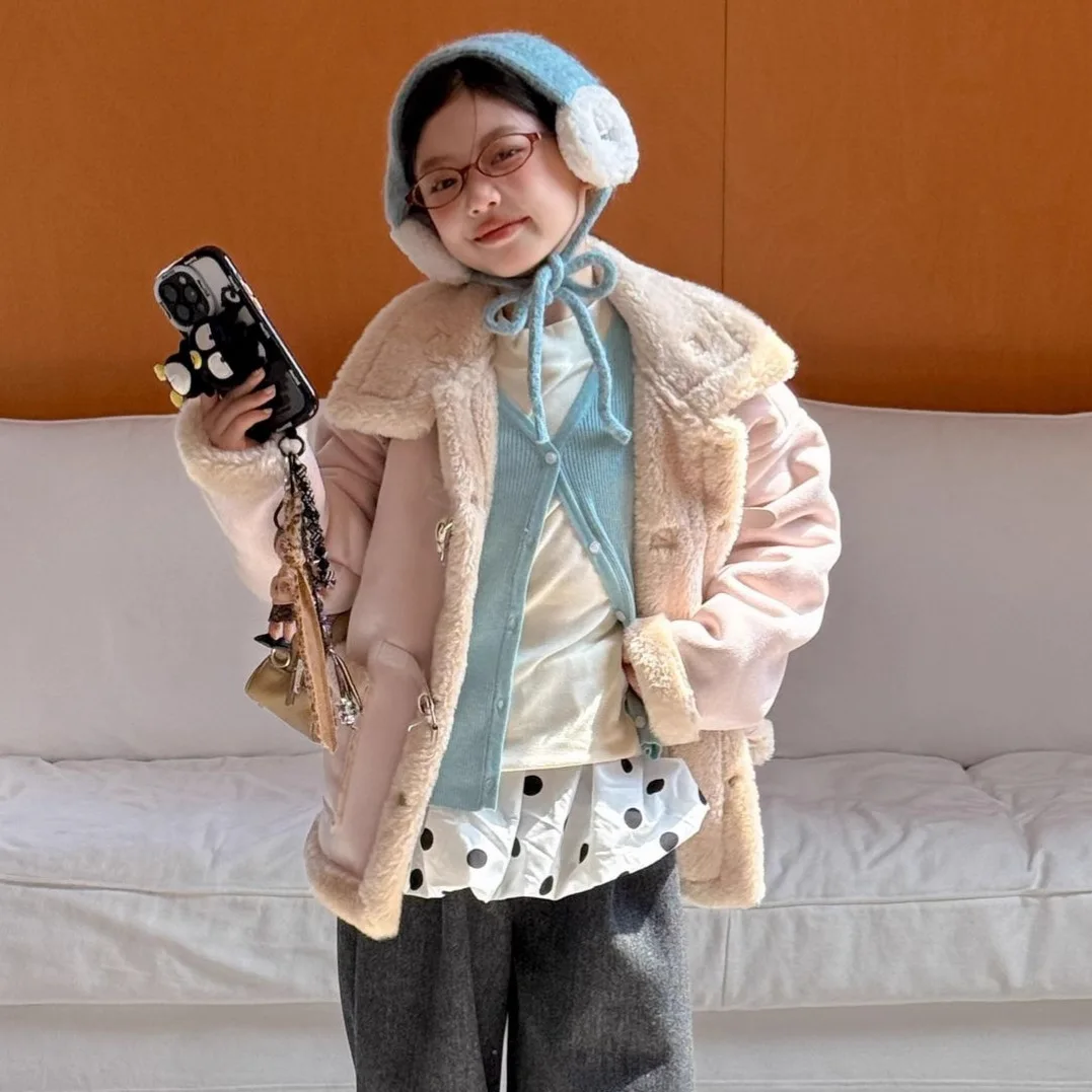 Winter Children Girls Suede Jackets Turn Down Collar Integrated Kids Baby Girl Outerwear Coat Thicken Warm Girl Pink Fleece Coat