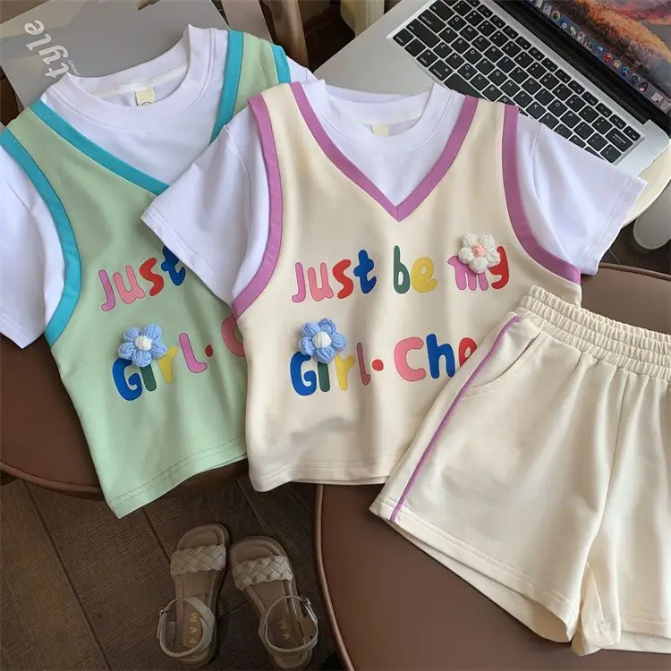 

Cotton Girls' Short-Sleeved Suit Summer 2023 New Children Cartoon Medium and Large Children's Shorts Casual Two-Piece Suit