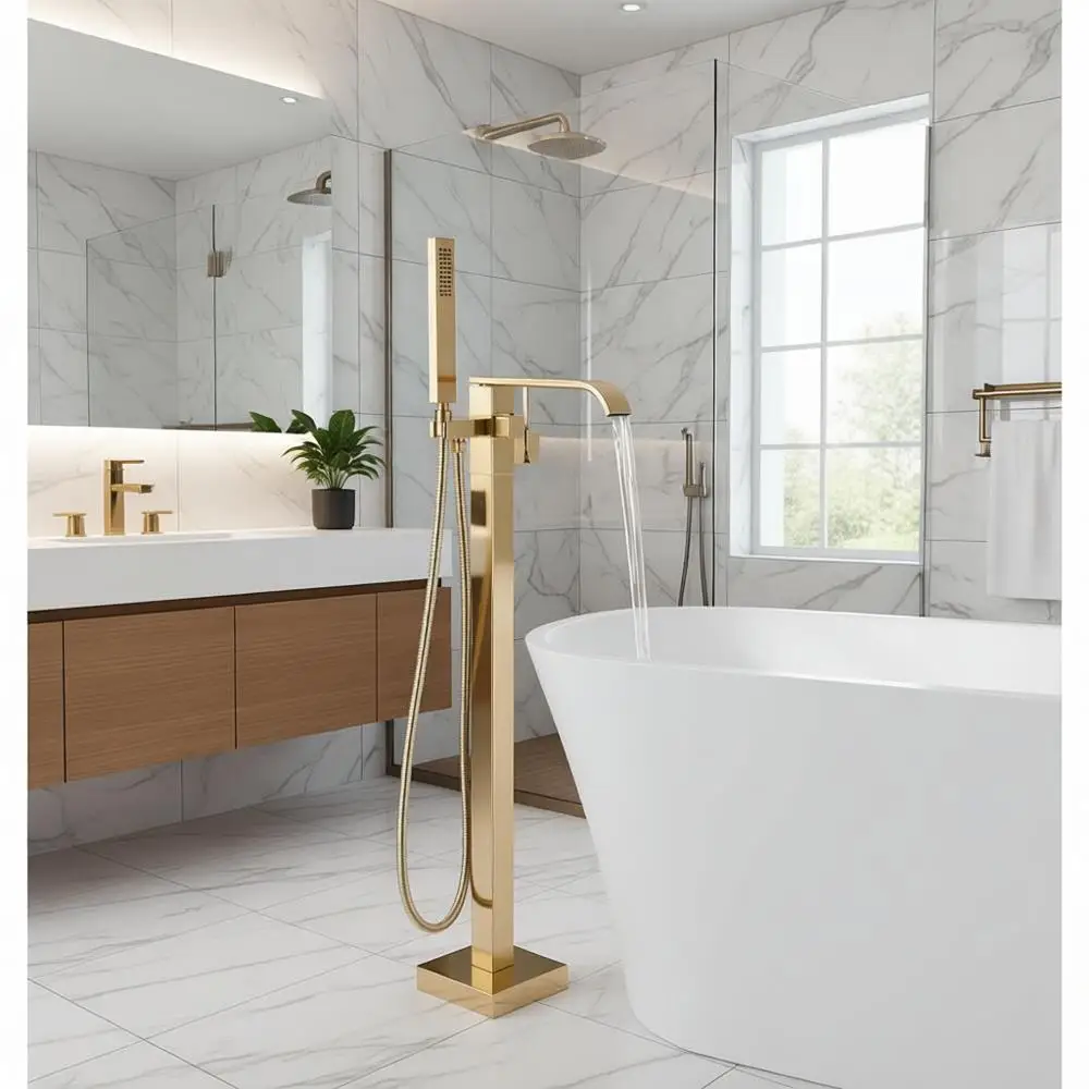 

Смеситель для отдельностоящей ванны с ручным душем, матовое золото, цельная латунь, поворотный на 360 градусов, для ванной комнаты