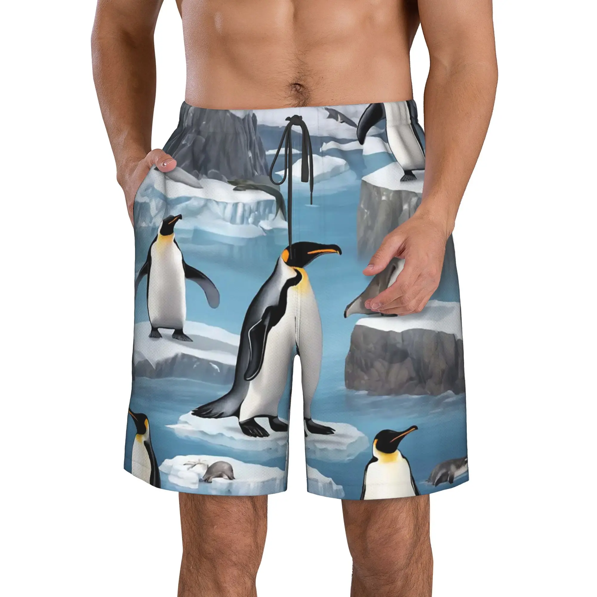 Polar Penguin Ice Surface Penguin Pattern Trunks Beach Board Shorts Casual Quick Dry Swim Summer Men Pants