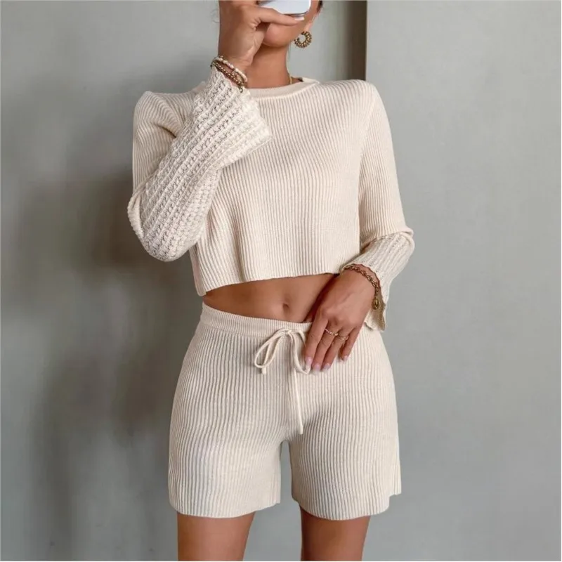 Moda novo umbigo-baring malha de manga comprida terno feminino damasco o-pescoço pulôver topo shorts conjunto casual homewear esporte terno