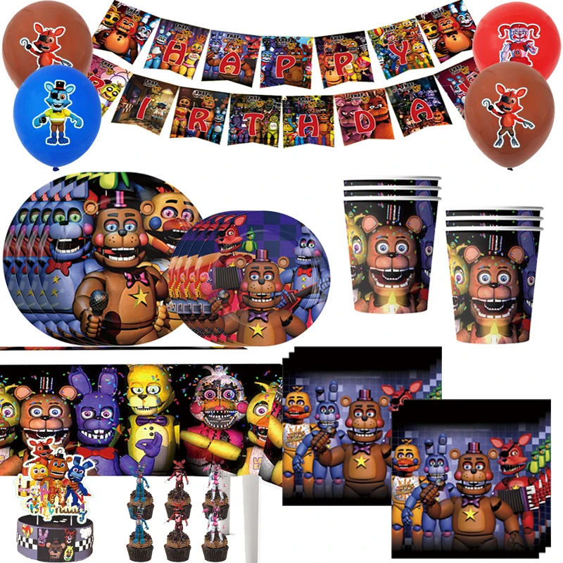 FNAF Five Nights Freddyed decoraciones para fiesta de cumpleaños globos de dibujos animados juego de vajilla tazas platos pancarta para Baby Shower regalos para niños