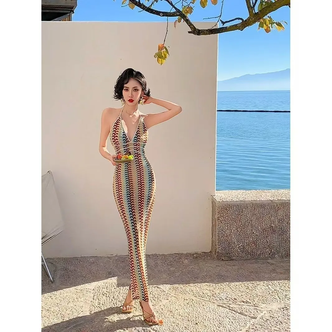

Deep V Neck Swimsuit Backless Beach Dress Vertical Stripes Sports Fitness Running Swimming Women's Casual Swimwear