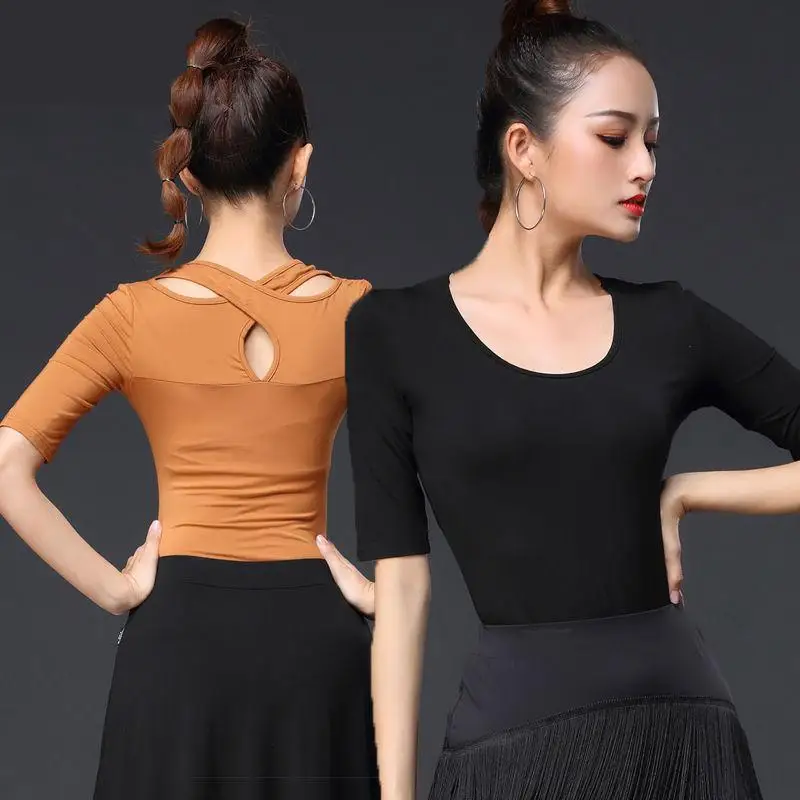 Latin Dance Dress Costume Women Short Open Back Twisted Top Fashion Short Sleeve Ballroom Dance Clothes Outfit Practice Wear