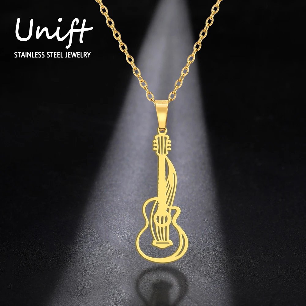Unift Guitar Pendant Necklaces for Women Stainless Steel Neck Chain Choker Trendy Jewelry Music Instrument Band Musician Gift