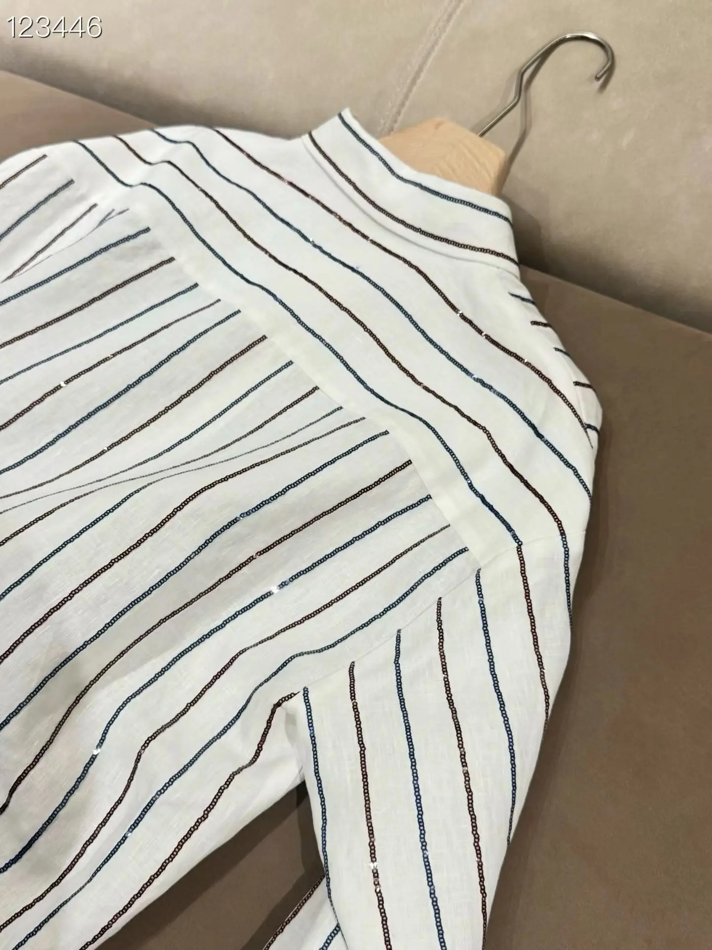 

New Spring/Summer High-Quality Fashionable Casual Sequin Striped Linen Shirt Set For Women