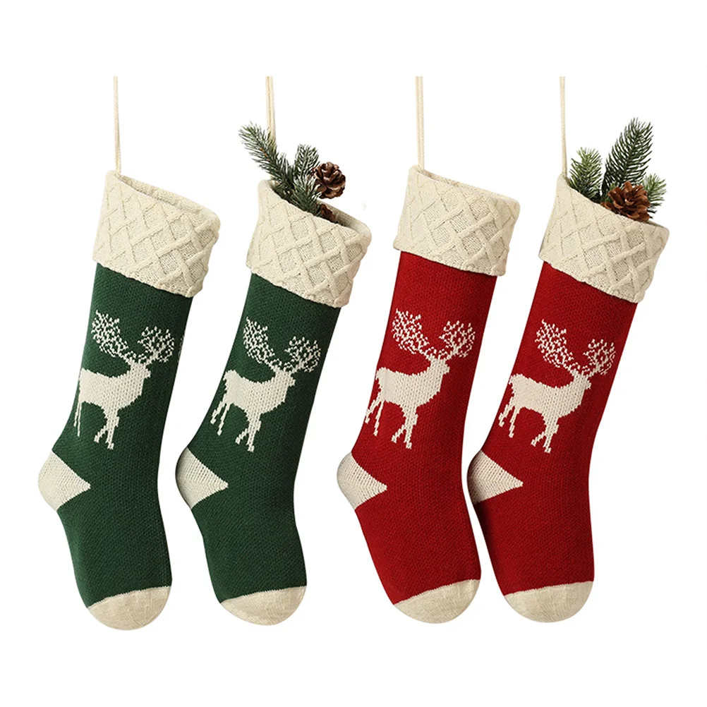 

1Pcs Christmas Stocking Gift Bag Knitted Elk Design Xmas Sock Candy Hanging Decoration Green Christmas Stocking Gift Bag
