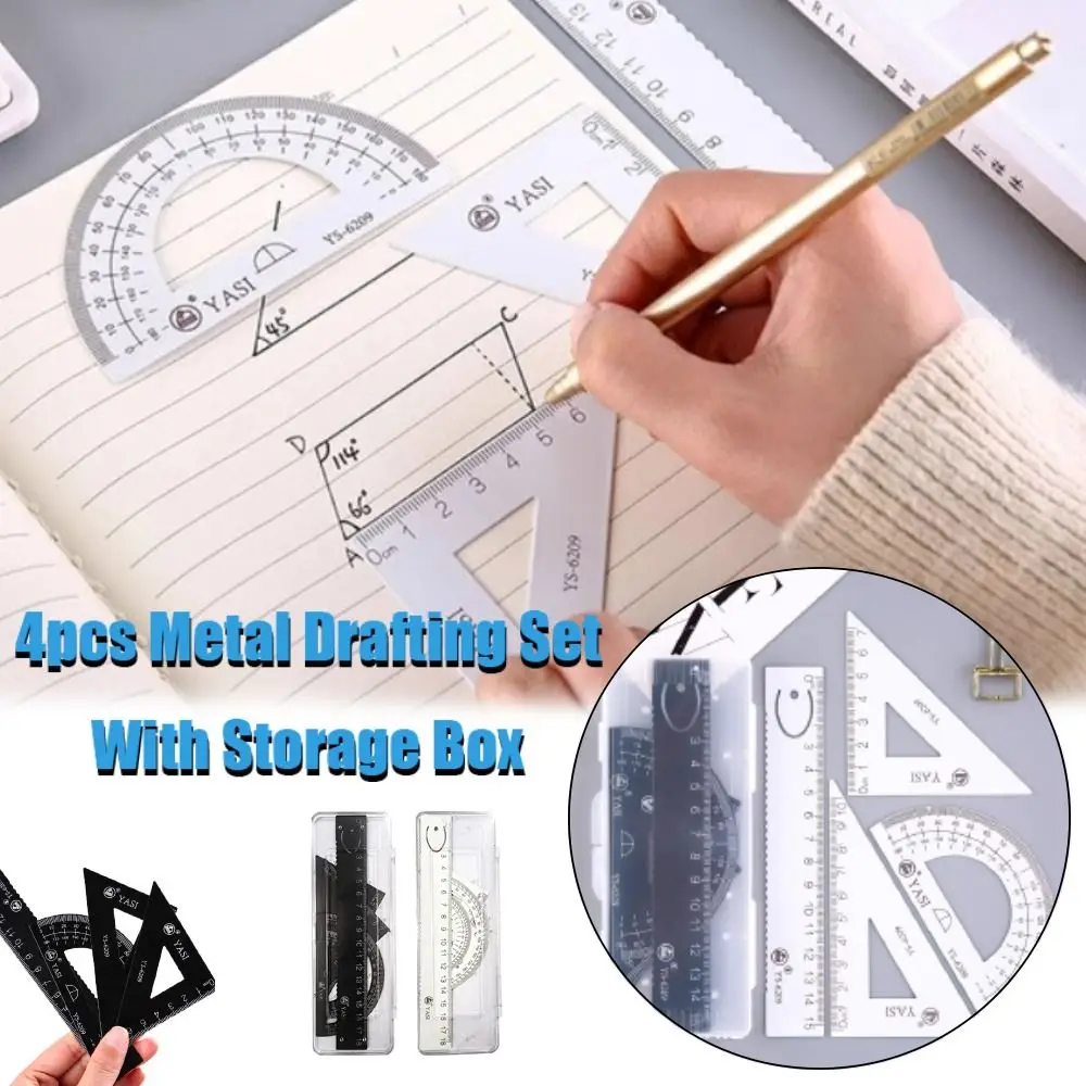 4Pcs Portable Multifunctional Metal Drafting Set With Storage Box Protractor Set Ruler Math Sets Drawing Tool Office School