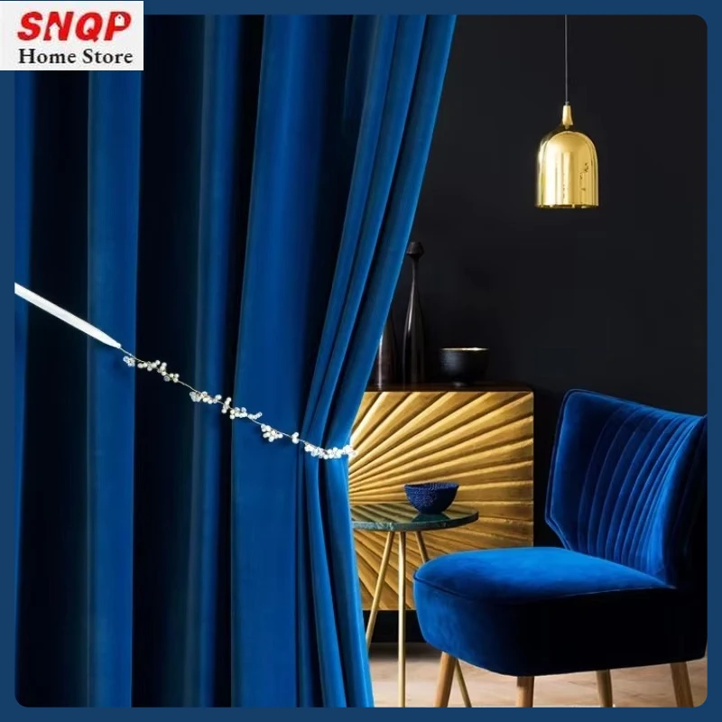 

Blackout Luxury Blue Velvet Curtains for Living Room Bedroom European Window Kitchen Fashion Elegant Solid Color Tulle Fabric
