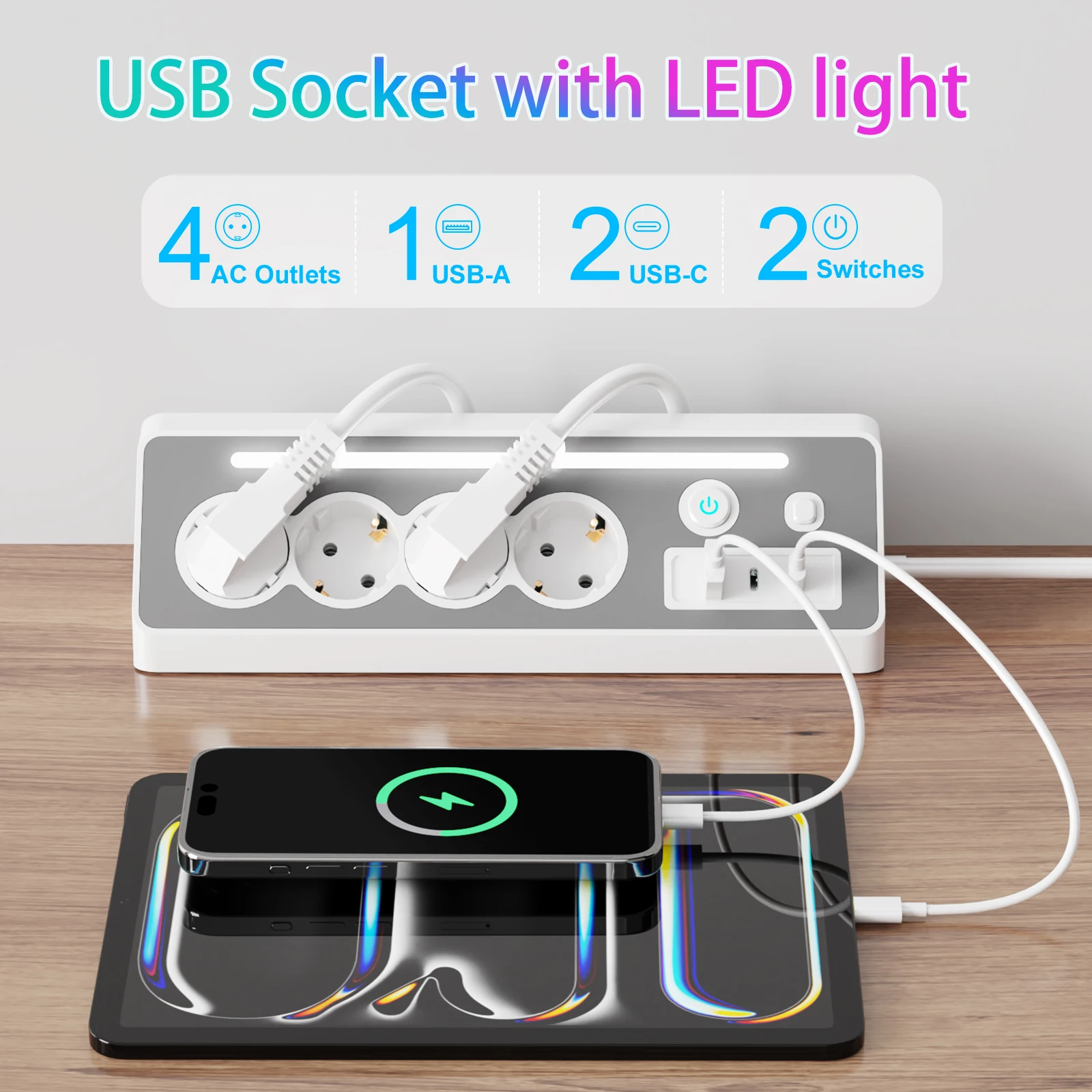 European multi plug power socket with LED light 4 AC Outlets 3 USB port charging 1.5m extension cord Surge Protection 3680W