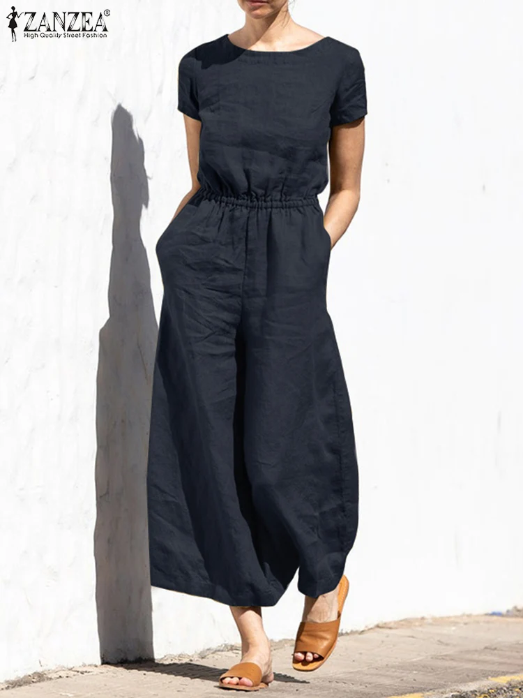 Women Short Sleeve Solid Loose Wide Leg Jumpsuits ZANZEA Fashion Summer Rompers Elastic Waist Long Playsuits Casual Overalls