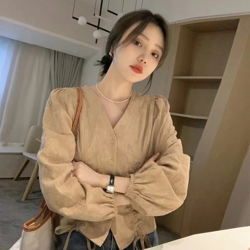 Womeni Textured Jacquard Blouse Deep V Neck Single Breasted Button Front Puff Long Sleeve Elastic Casual Top