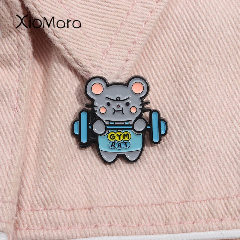 Cartoon Gym Mouse Enamel Pin Cute Mouse Weightlifting Animal Brooch Lapel Backpack Badge Jewelry Decorative Gift For Kids Friend