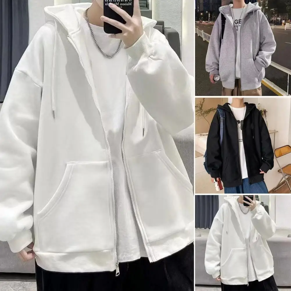 

Fall Spring Men Coat Men's Fall Winter Hoodie Cardigan with Drawstring Patch Pocket Zip-up Closure Mid Length Coat with Elastic