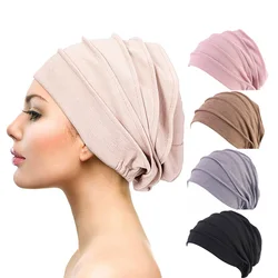 New Women Solid Color Turban Cotton Cancer Beanie Bonnet Inner Hijabs Cap Hair Loss Chemo Hat Elastic Head Cap Muslim Indian Hat