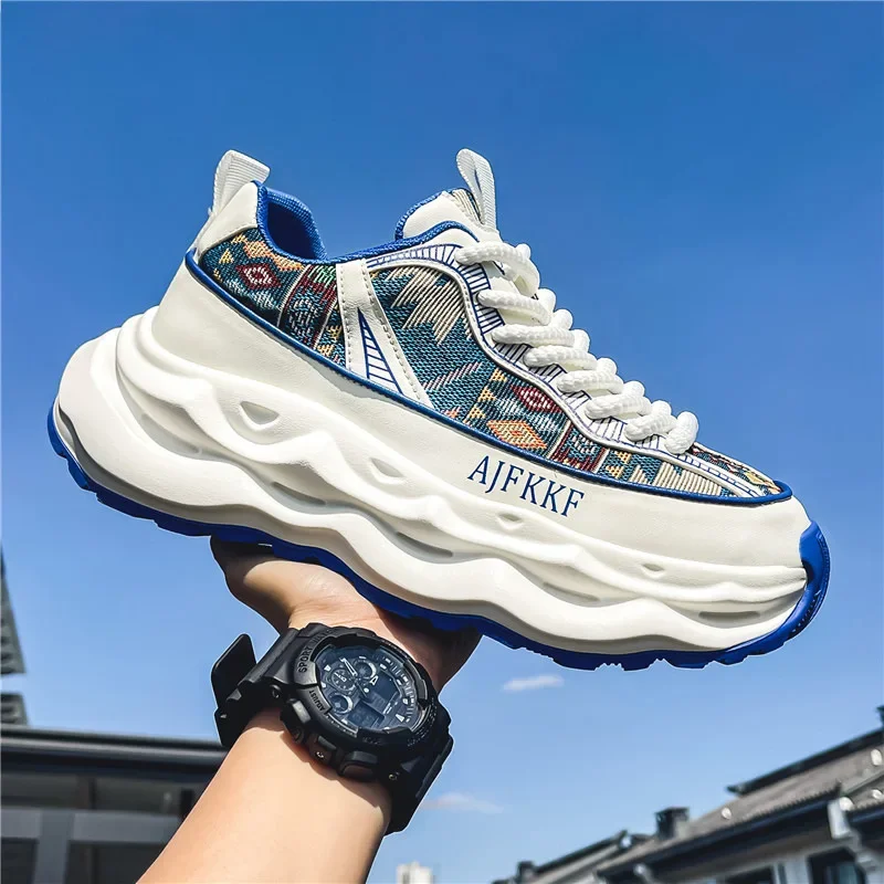 

Fashion Blue Men Platform Sneakers Casual Personality Printed Low Sneakers Men Lace-up Breathable Trainers Zapatillas De Hombre