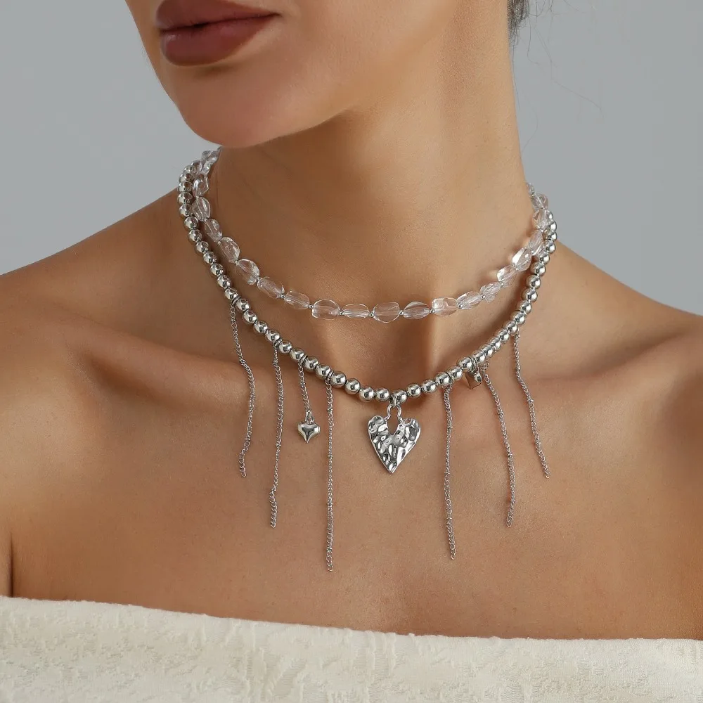Irregular Clear Resin Heart Beaded Layered Choker Necklace Y2K Tassel Double Strand Collarbone Chain Vintage Statement Jewelry
