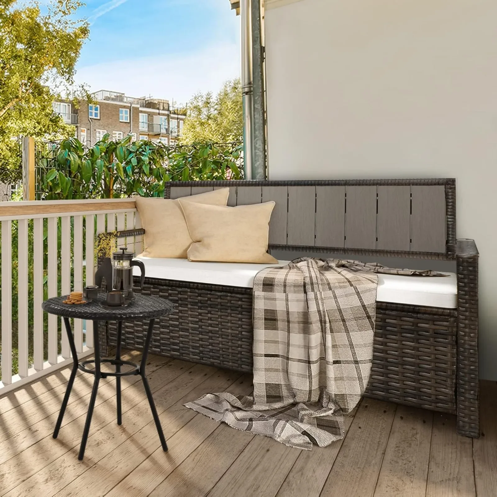 US 70 Gallon Outdoor Storage Bench, Weather-Resistant Woven Rattan Deck Box, Wicker Storage Seat for Patio Furniture