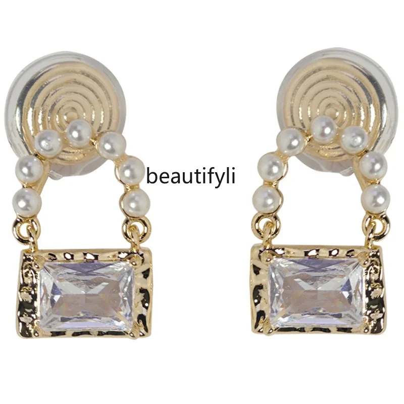 

zq Square Zirconium Pearl Earless Ear Clip Sweet Small Wallet Fashion Geometric Silver Pin Ear Studs Female Earrings