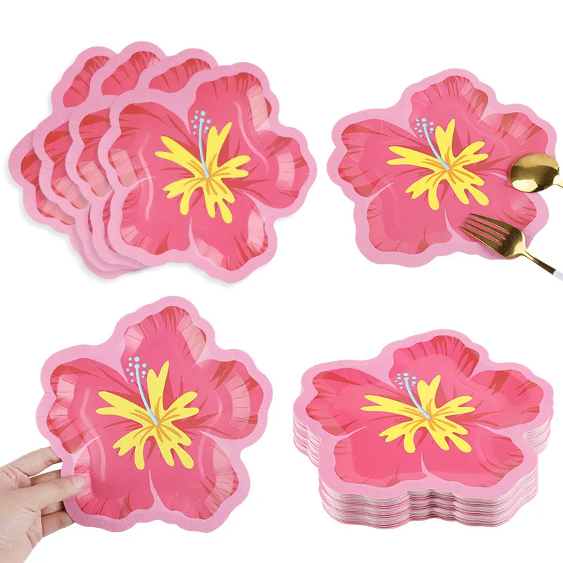 10 Stück Hibiskusblüten-förmige Pappteller Tropische Partyteller Hawaiianische Essteller Luau-Partyzubehör Geburtstags-DIY-Dekorationen