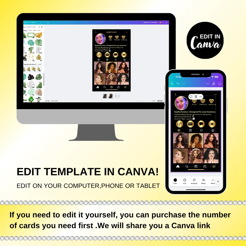 بطاقات عمل لامعة فاخرة من DsgnTouch للمؤثرين مع لهجات ذهبية خلفية داكنة وبطاقات تصميم قالب Canva مجانية