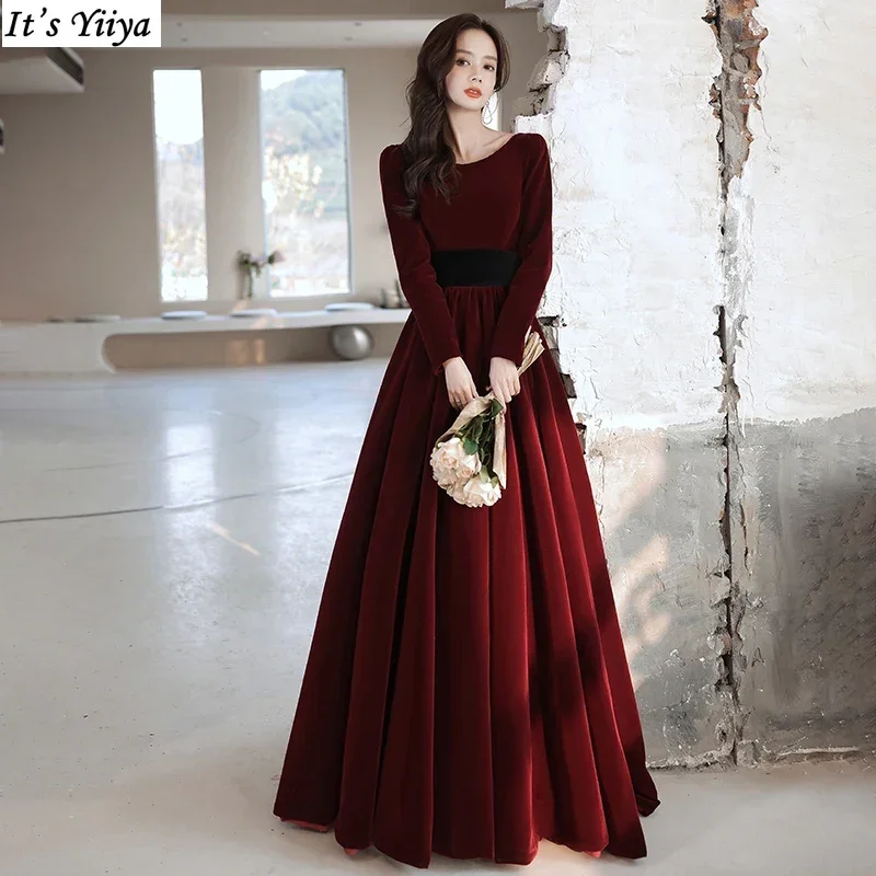 It's Yiiya Customized Evening Dress Burgundy Flannel Full Sleeve O-Neck A-Line Floor-Length Plus size Woman Formal Party Gown