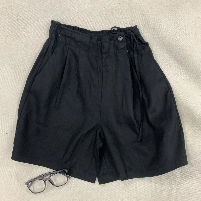 Women's Linen High Waist Shorts with Drawstring Pleated Casual Summer Wide Leg Shorts