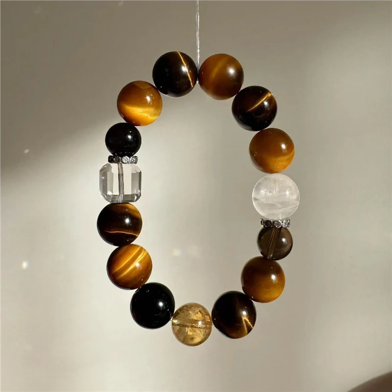 Wealth from All Directions Natural Pattern Golden Tiger Eye Stone Yellow Azeztulite White Phantom Quartz Bracelet