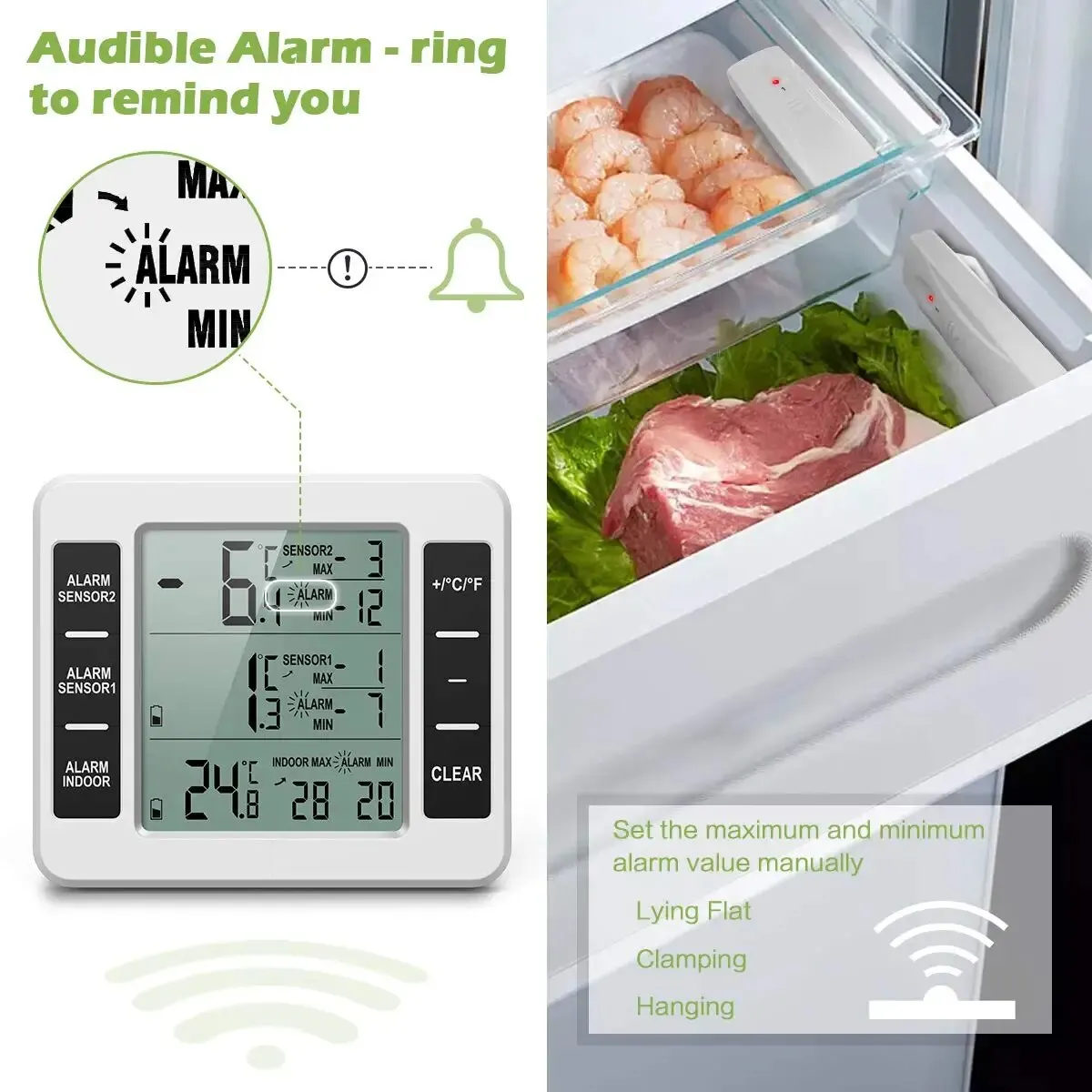 Fridge Thermometer Freezer LCD Digital Audible Alarm Refrigerator Meter with 2 Temperature Sensor Min/Max Display Indoor Outdoor