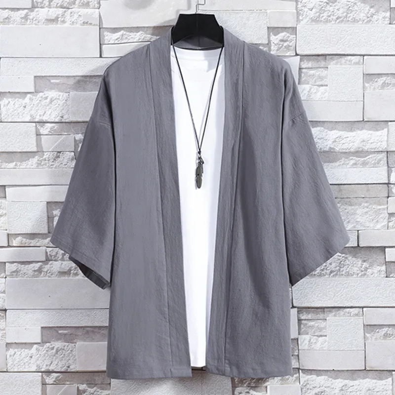 2025 Summer Men Kimono Open Stitch Japanese Jackets Casual Cotton 3/4 Sleeve Shirt Open Front Coat Lightweight Tops