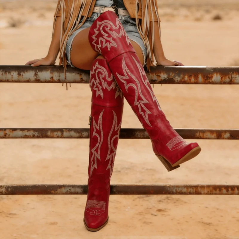Women's Western Boots Over-Knee High Embroidery Design Pointed Toe Chunky Heel Boots Classic Vacation Party Music Festival Outdoor Cowgirl Boots