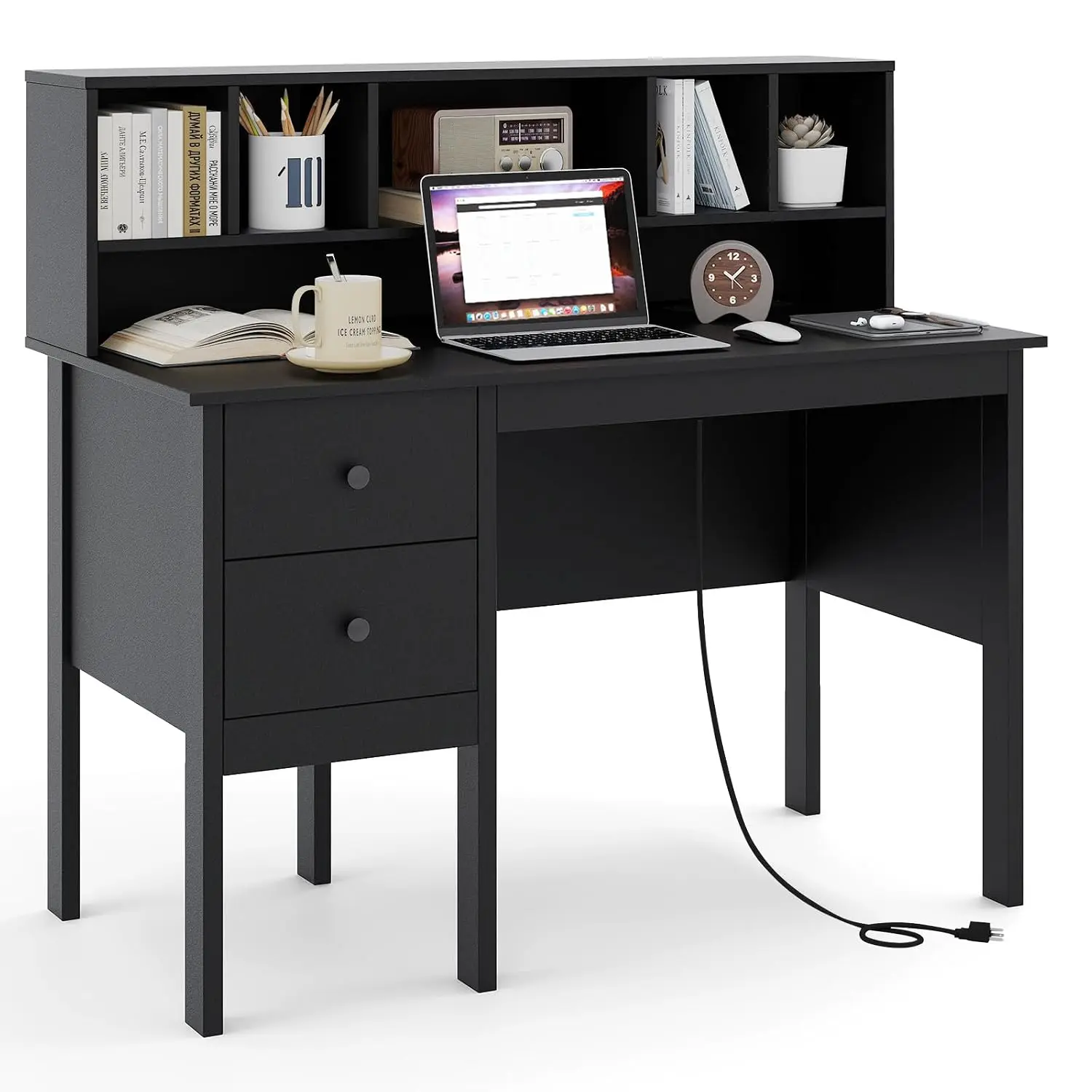 Home Office Desk Hutch USB Ports Outlets 5 Cubbies 2 Drawers Study Desk Bedroom, Customized