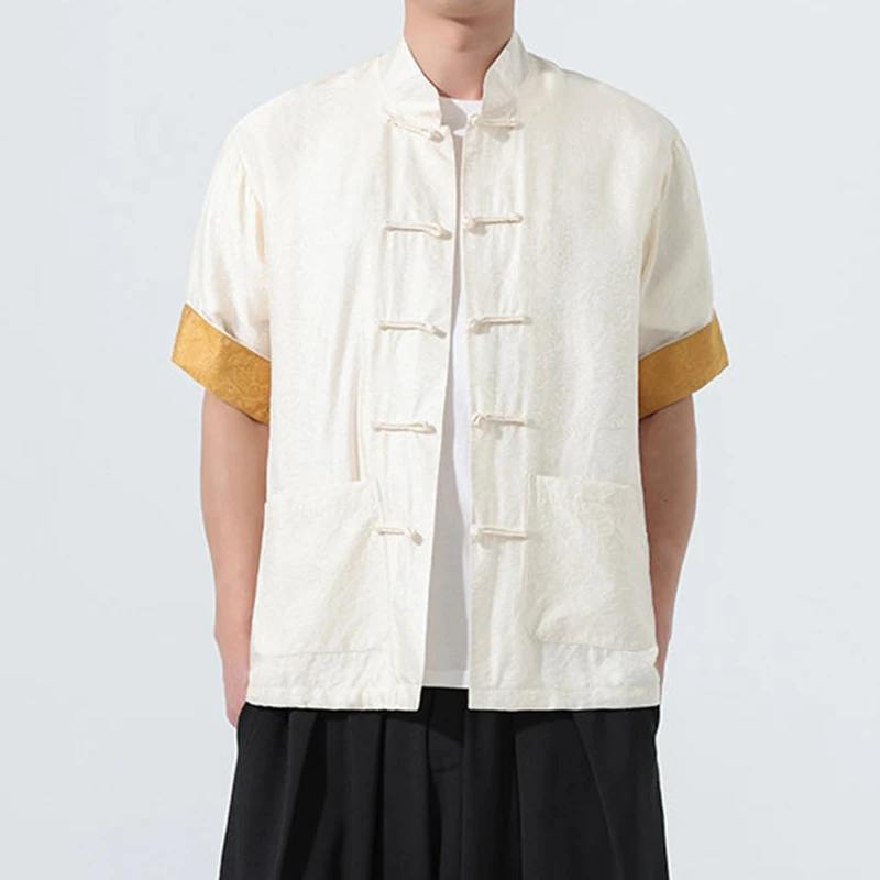 

Chinese Style Men's Casual Shirt New 2026 Summer Vintage Mandarin Collar Tang Suit Loose Male Short Sleeve Tops Shirts N129