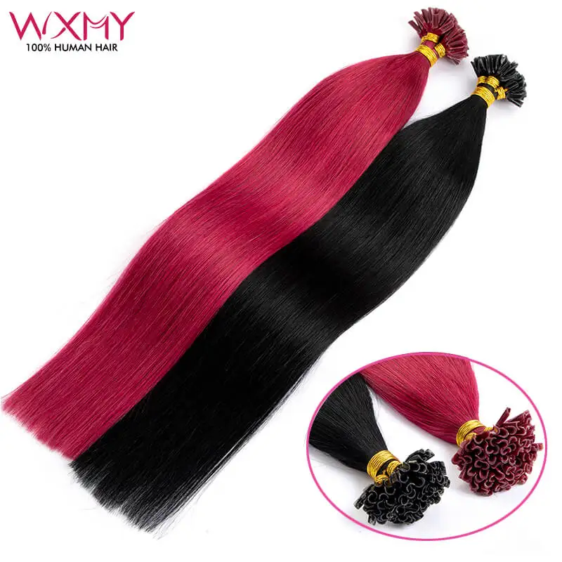 Straight Keratin Tip Hair Extensions Real Human Hair 50Pcs/Set WXMY Natural Fusion U Tip Human Hair Extension Burgundy Color