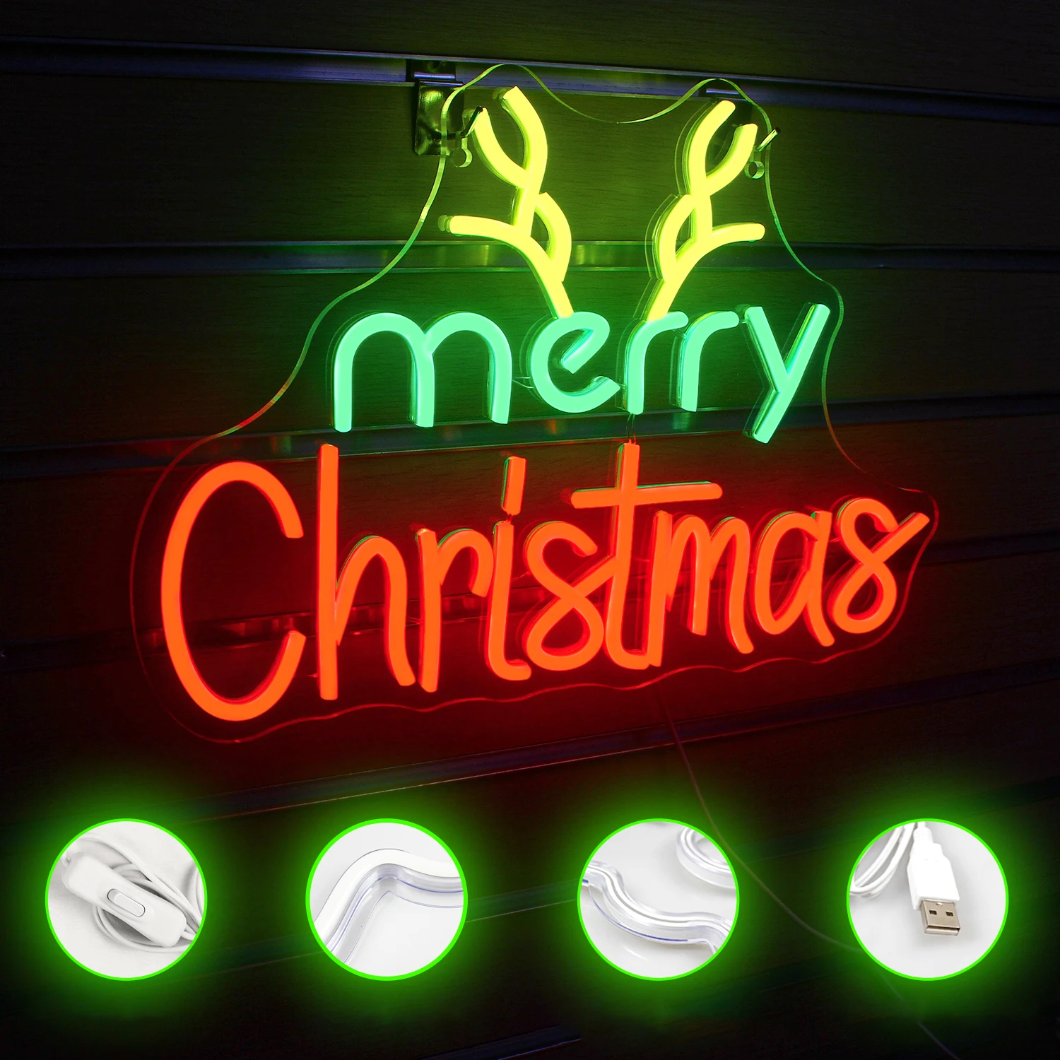 Imagem -03 - Merry Christmas Neon Sign Luzes Led Vermelho Verde Decoração Pequena Decoração de Sala Regulável Festival Home Party Lâmpada de Parede Sinais