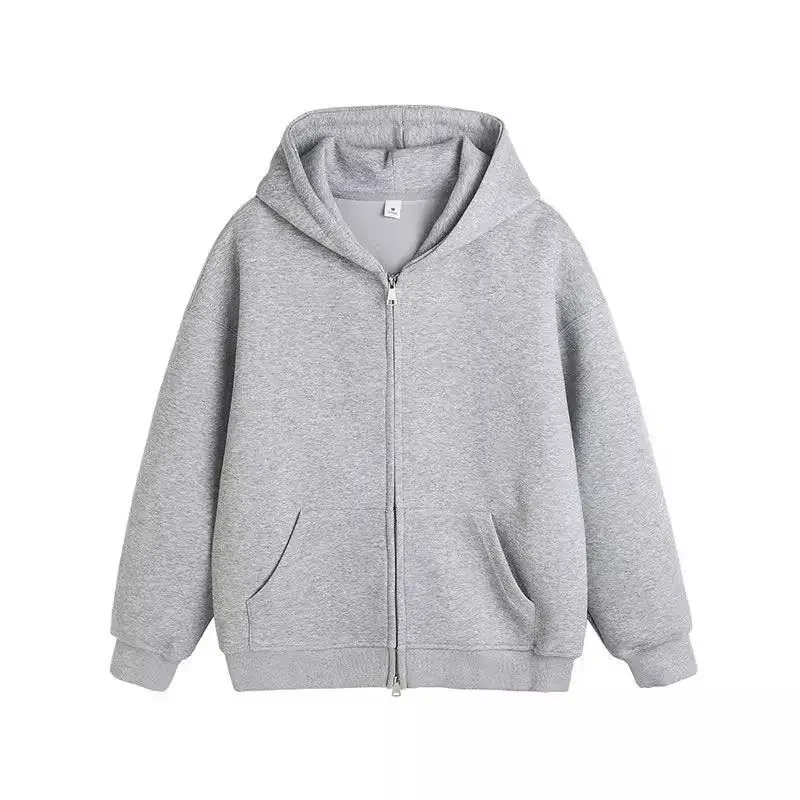 Cotton Solid Color Hooded Sweatshirt Autumn American Double Zipper Cardigan Gray Men\'s and Women\'s Loose Simple Daily Hoodies