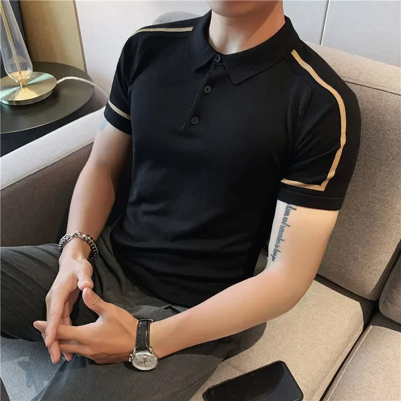 

Men Clothing 2023 Summer Fashion Color Matching Stripe Slim Stretch Knitted Ice Silk T-shirt Men's Short Sleeve T-shirt