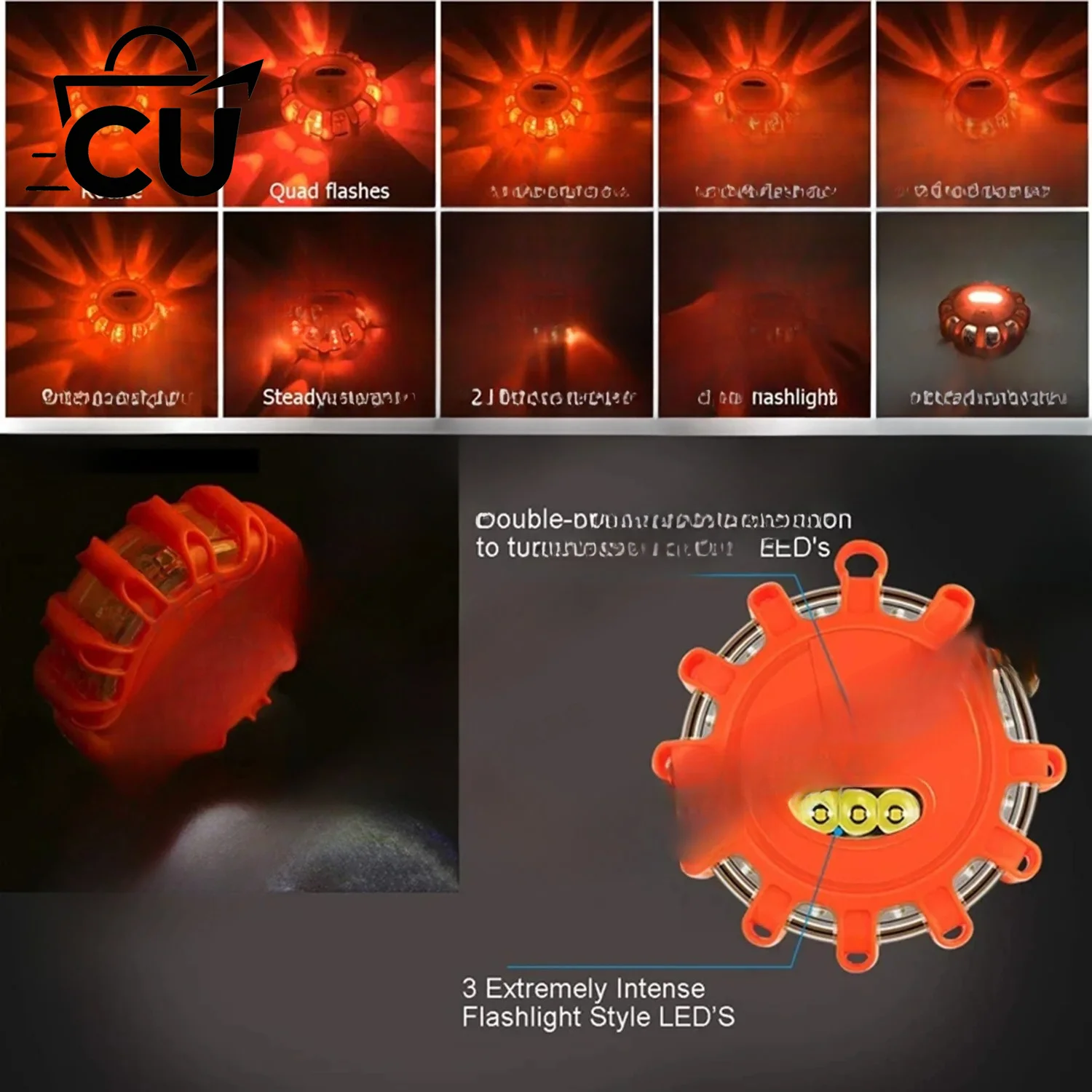 3 PCS LED Road Flares Emergency Lights Roadside Safety Beacon Disc Flashing Warning Flare Kit with Magnetic Base Storage Bags