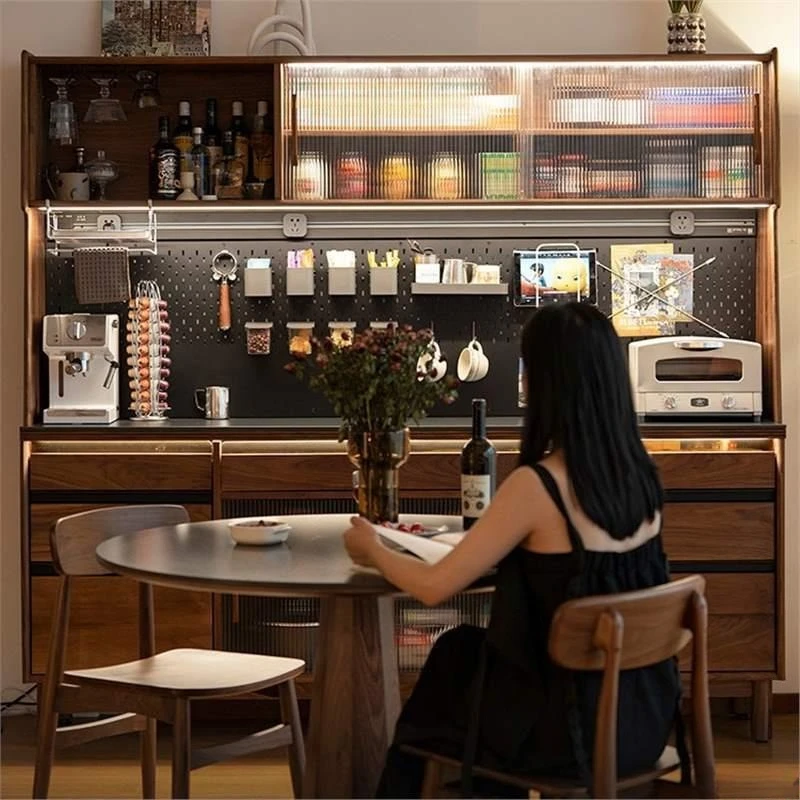 Nordic simple black walnut dining side cabinet, integrated rock slab against the wall, household locker, high-end wine