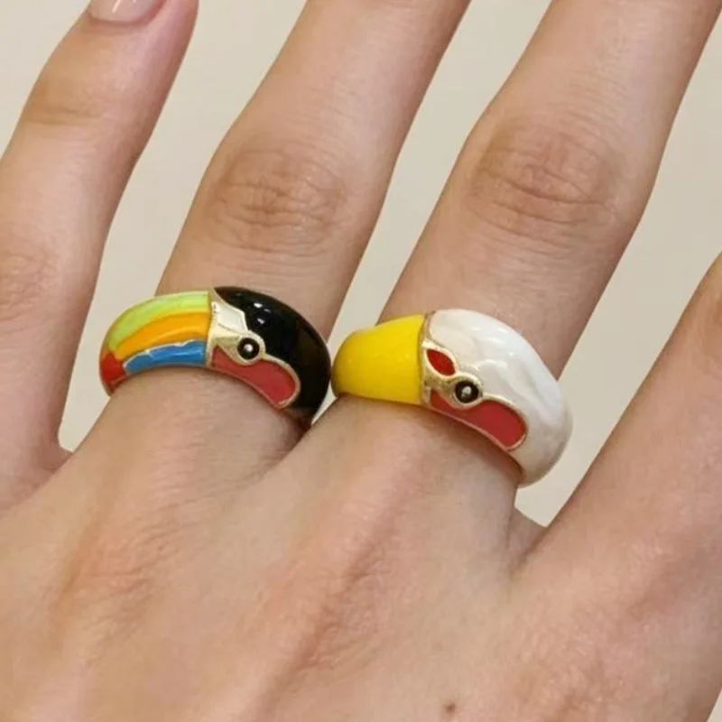 Unique Design Cuckoo Bird Enamel Drip Oil Jewelry Set Ring Brooch Earrings Women Personality Color Block Accessory Jewelry