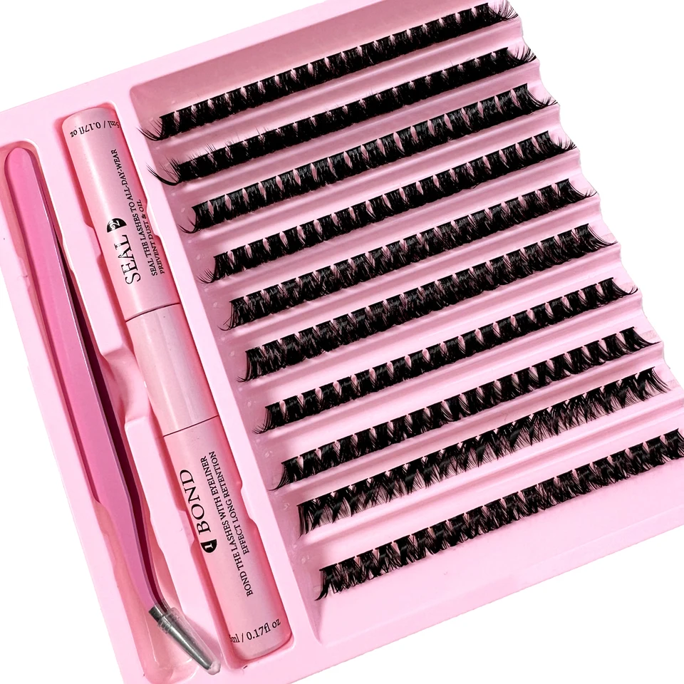 Kit de pestañas por racimos DIY 8-16mm con pegamento y sellador, pinzas para autoadhesión, extensiones de pestañas individuales 3