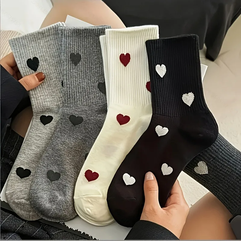 Calcetines de Mujer con Estampado de Corazones, 5 Pares, Calcetines de Algodón de Media Pantorrilla con Nervaduras Suaves, Calcetines Deportivos Casuales Multicolores para Niñas