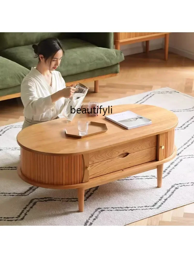 

07Rolling Door Living Room TV Cabinet Coffee Table Cabinet Set Retro Style Solid Wood Home Tea Table Small Apartment furniture