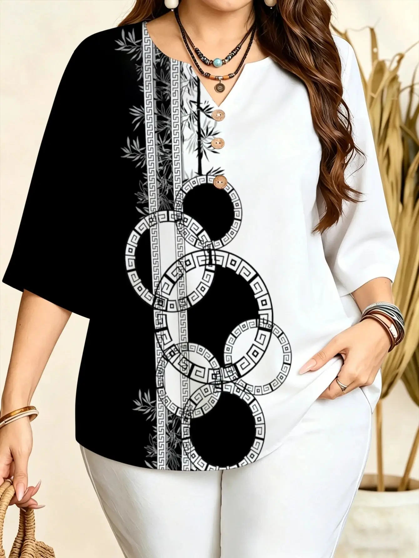 Women Blouse Notch V Neck 3/4 Sleeve Office Daily Casual Tops 5 Styles Available