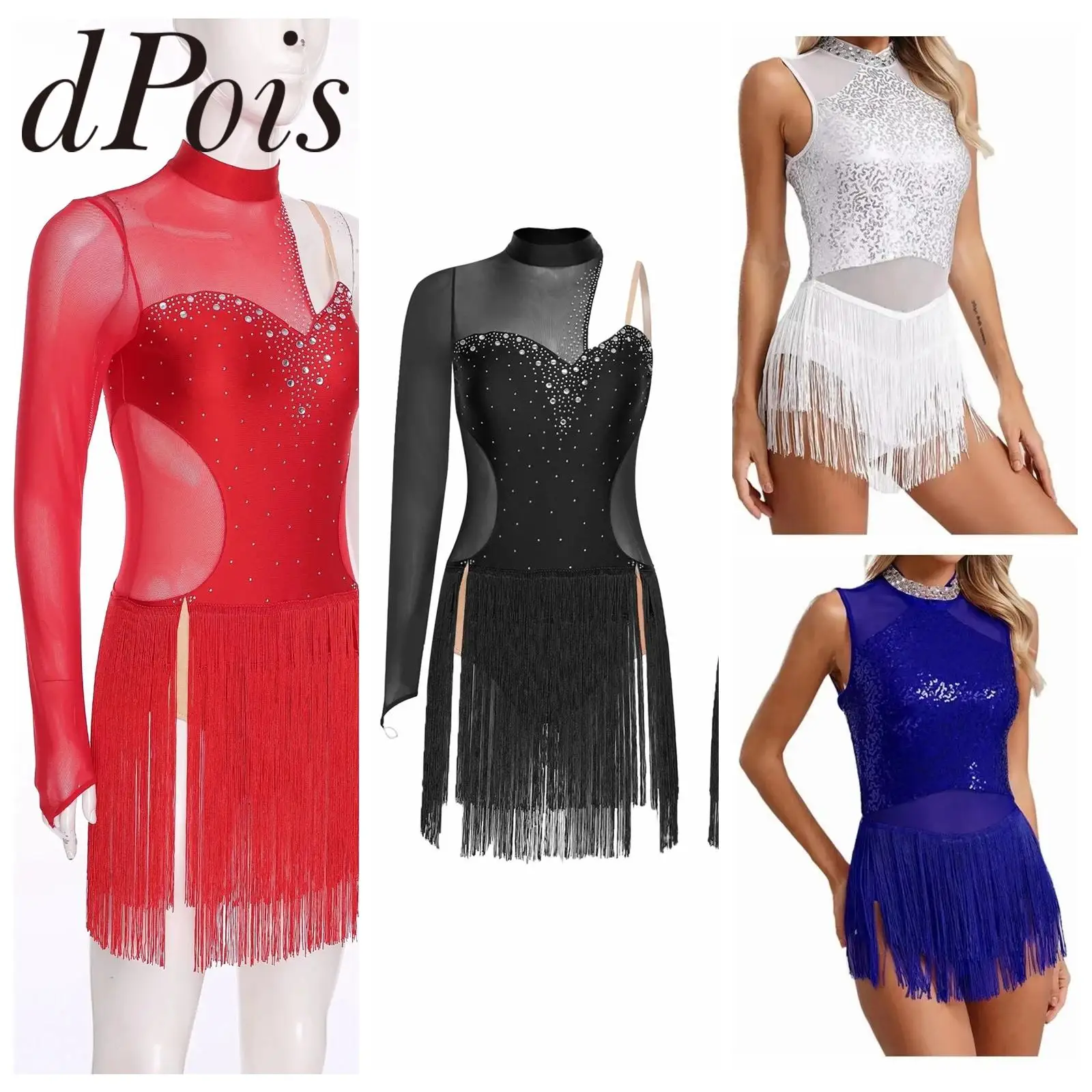 

Women Sequins Fringed Bodysuit Latin Dance Costume Tango Cha-Cha Rumba Samba Dancewear Adult Sleeveless Tassel Leotard Dress