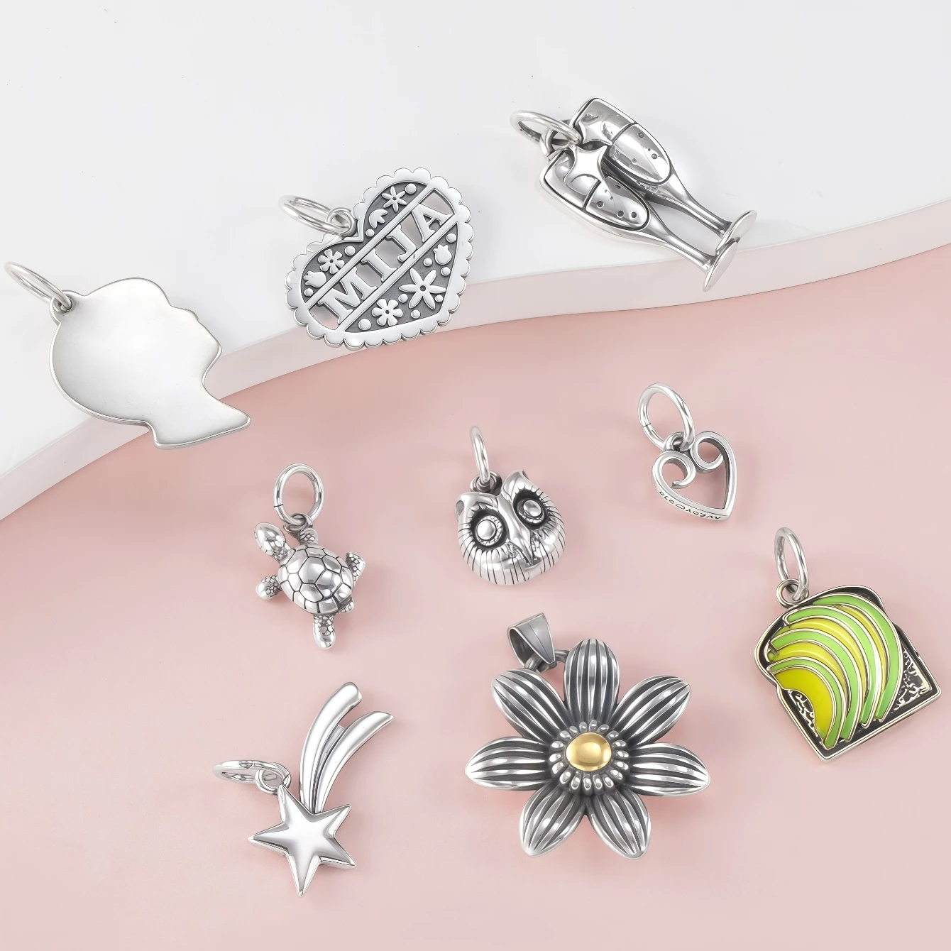 سلسلة المجوهرات الفضية S925 James Avery Retro: قلادة البومة والسلحفاة والأفوكادو والأفوكادو والشمبانيا ذاتية الصنع