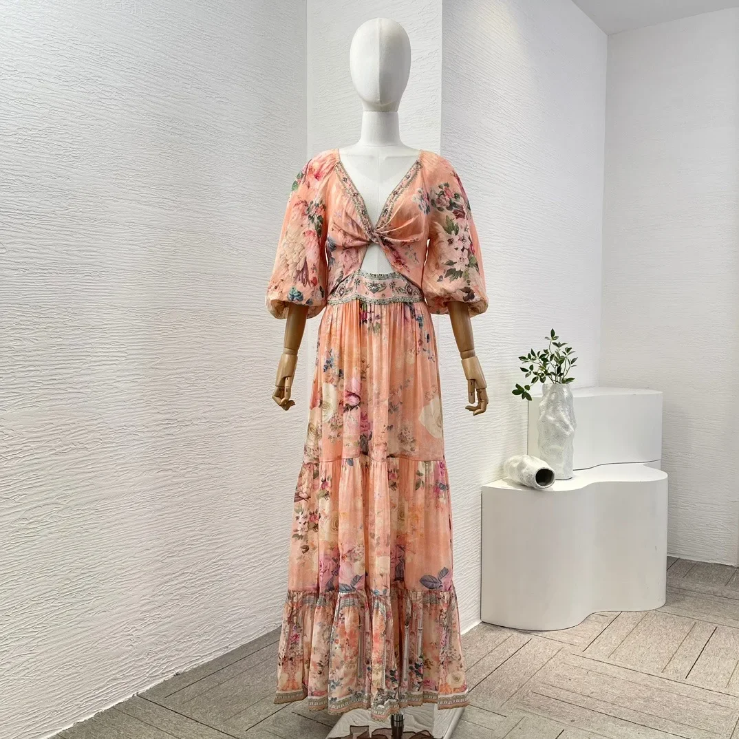 2025 Beach Style Peach Half Sleeve Floral Print V Neck Diamonds Cut Out Abdomen Backless Pleat Maxi Dress