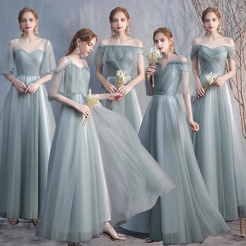 

Grey Green Tulle Bridesmaid Dress Women V-Neck Ribbon Chic Sister Group Party Dresses Simple Elegant Wedding Occasion Gown